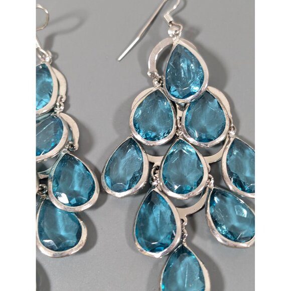 Teal Blue Teardrop Bezel Chandelier Long Dangle Earrings Boho Glam Statement - Picture 3 of 8